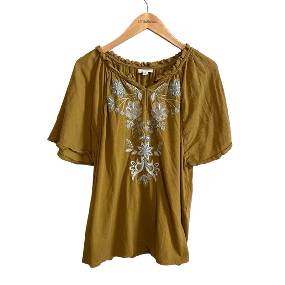 J. Jill Tops - J.Jill Chartreuse Green Yellow Embroidered Bohemian Short Sleeve Top Size 2X